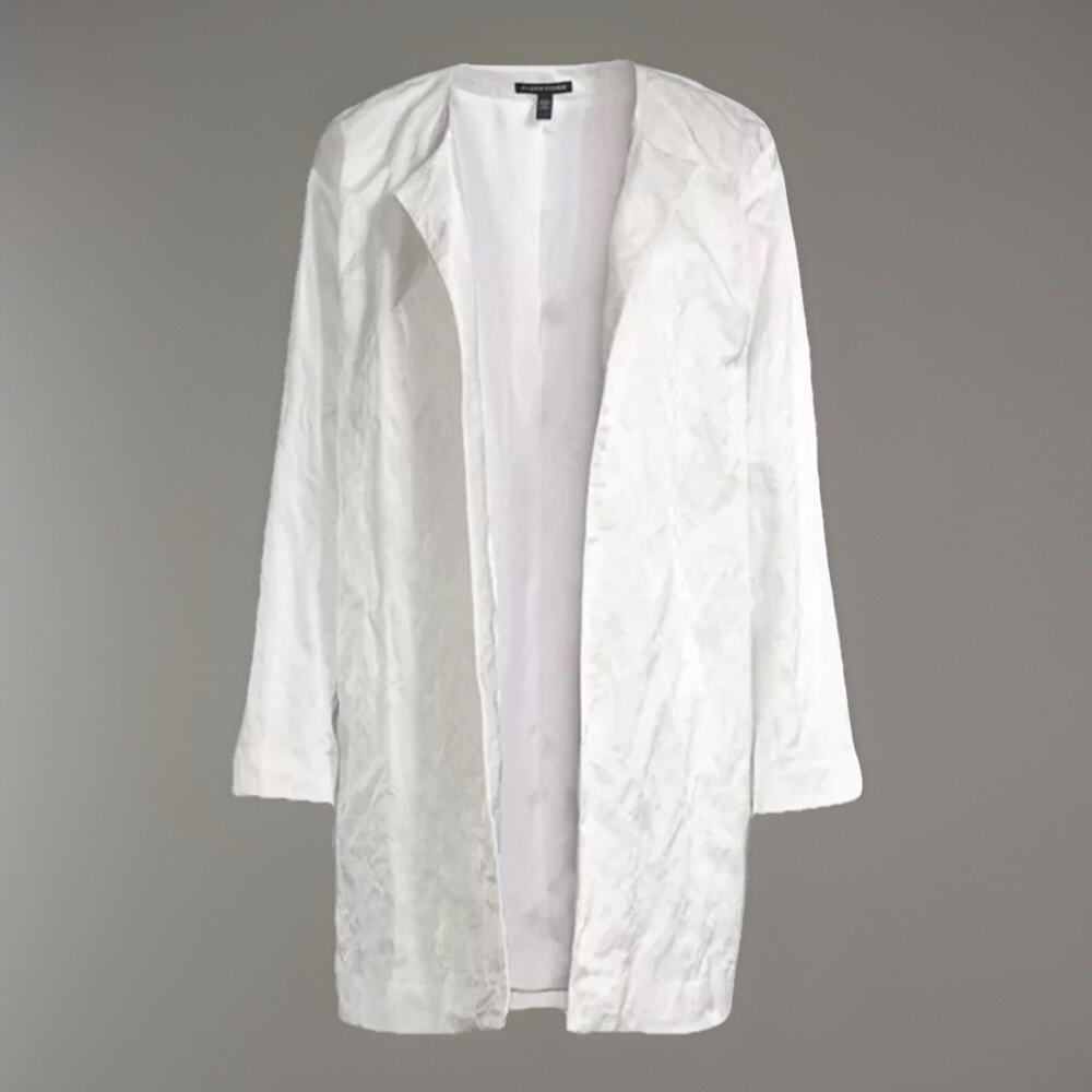 Eileen Fisher Organic Cotton Satin Steel Jacket - XS White Crinkle Texture $478